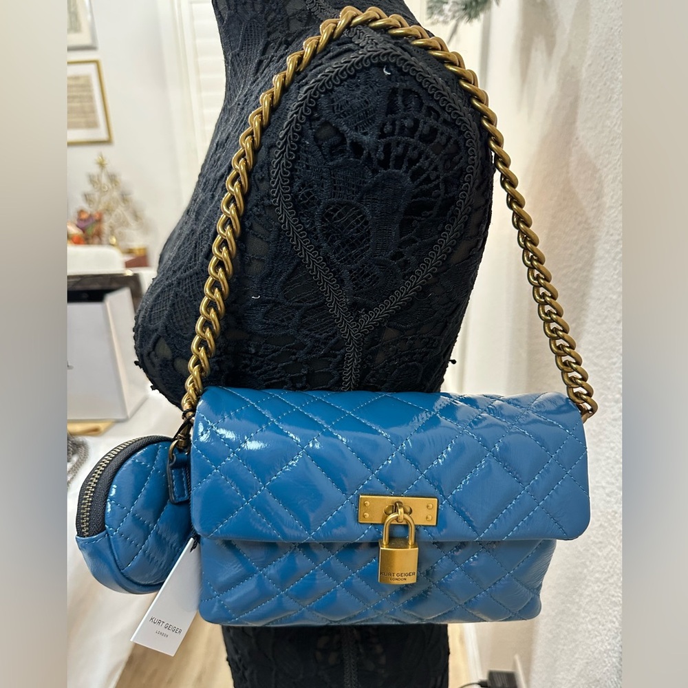 NWT Kurt Geiger Brixton Medium Lock Quilted Shoulder patent leather Bag blue